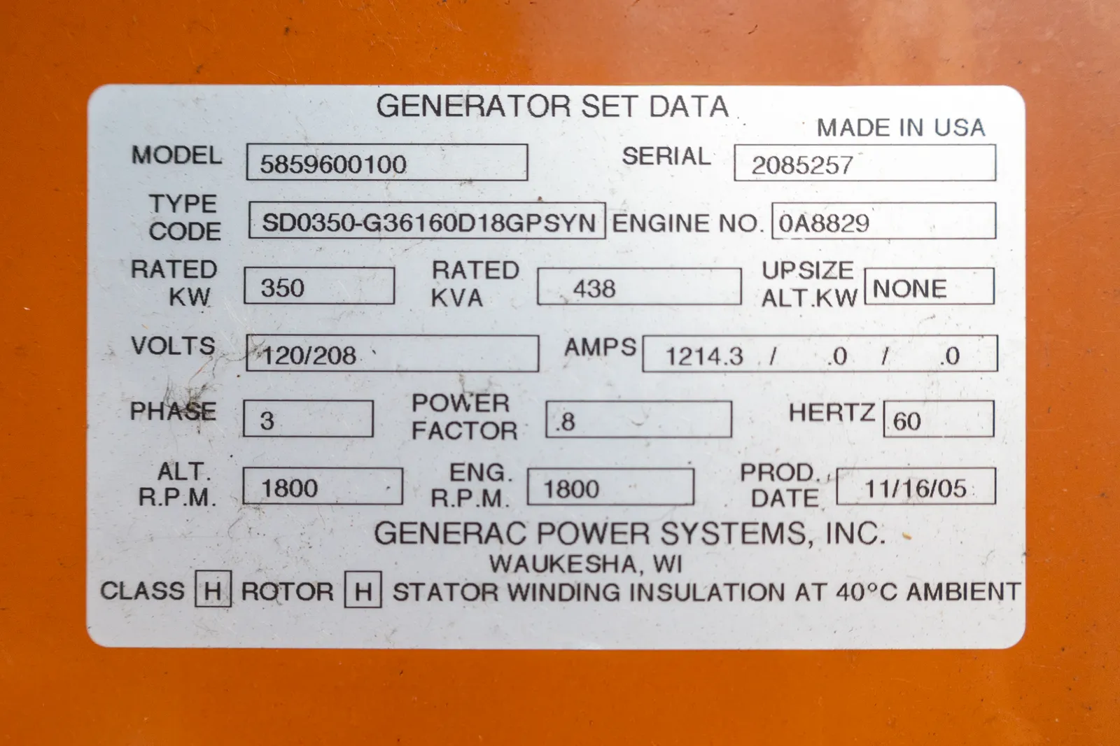 6 350kw generac industrial generator unit 092311 data tag