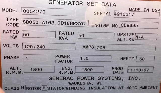 6 50kw generac industrial generator unit 089661 data tag