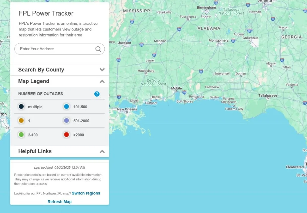 Gulf region power outage map