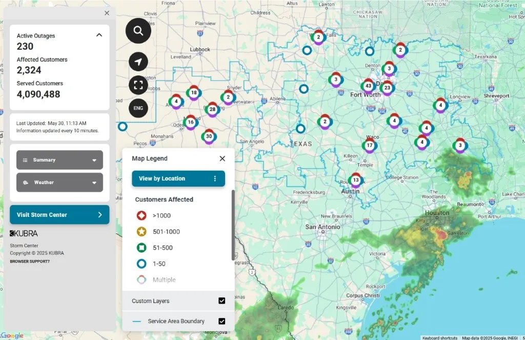 Texas severe weather and power outage map