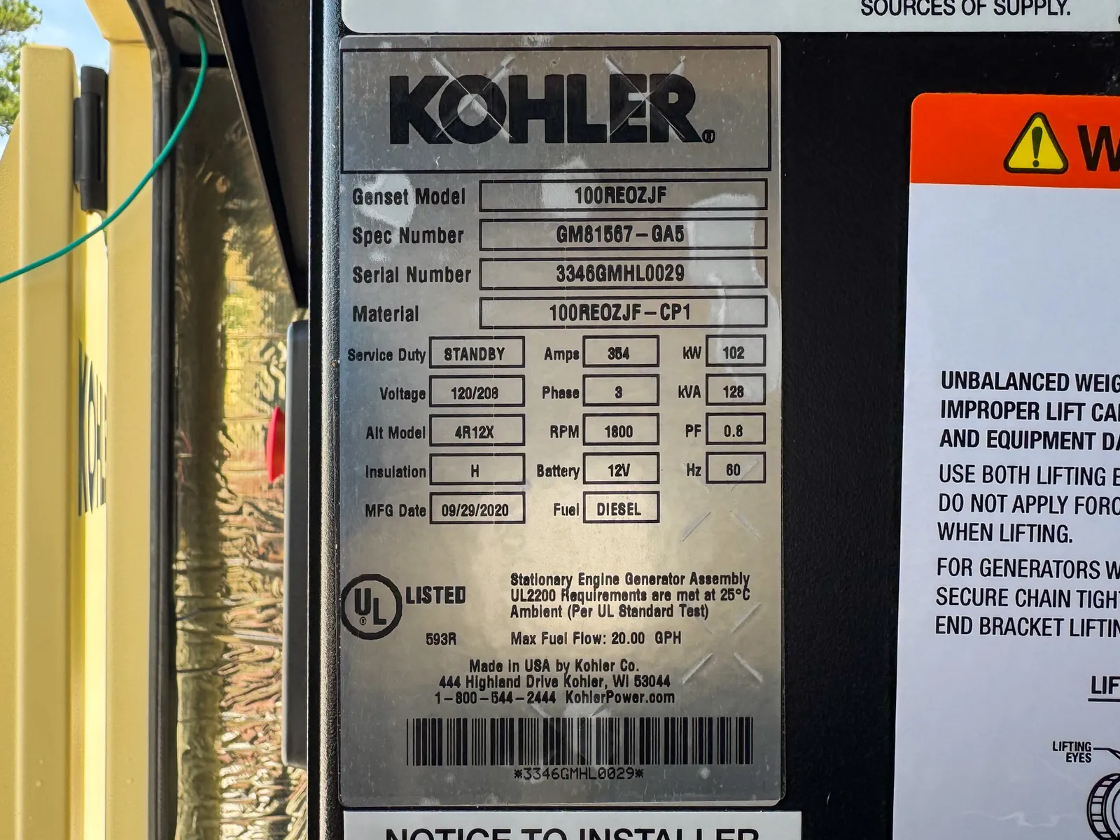 6 100kw kohler industrial generator unit 092448 data tag