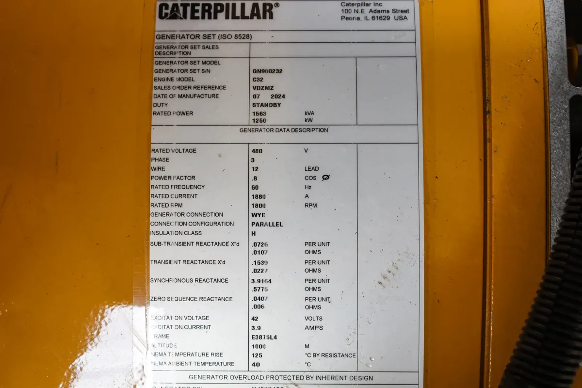 6 1250kw caterpillar industrial generator unit 092456 data tag