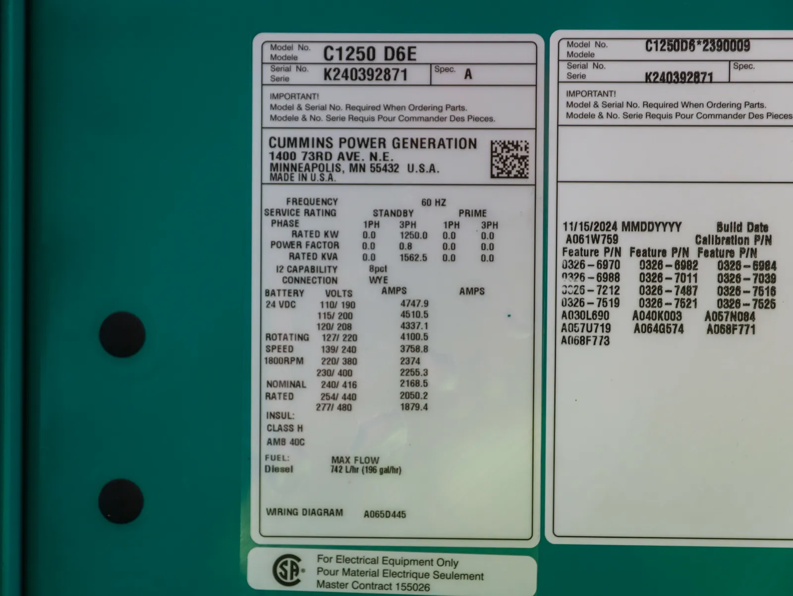 6 1250kw cummins industrial generator unit 091952 data tag