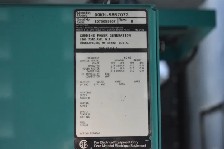 6 2250kw cummins industrial generator unit 090103 data tag