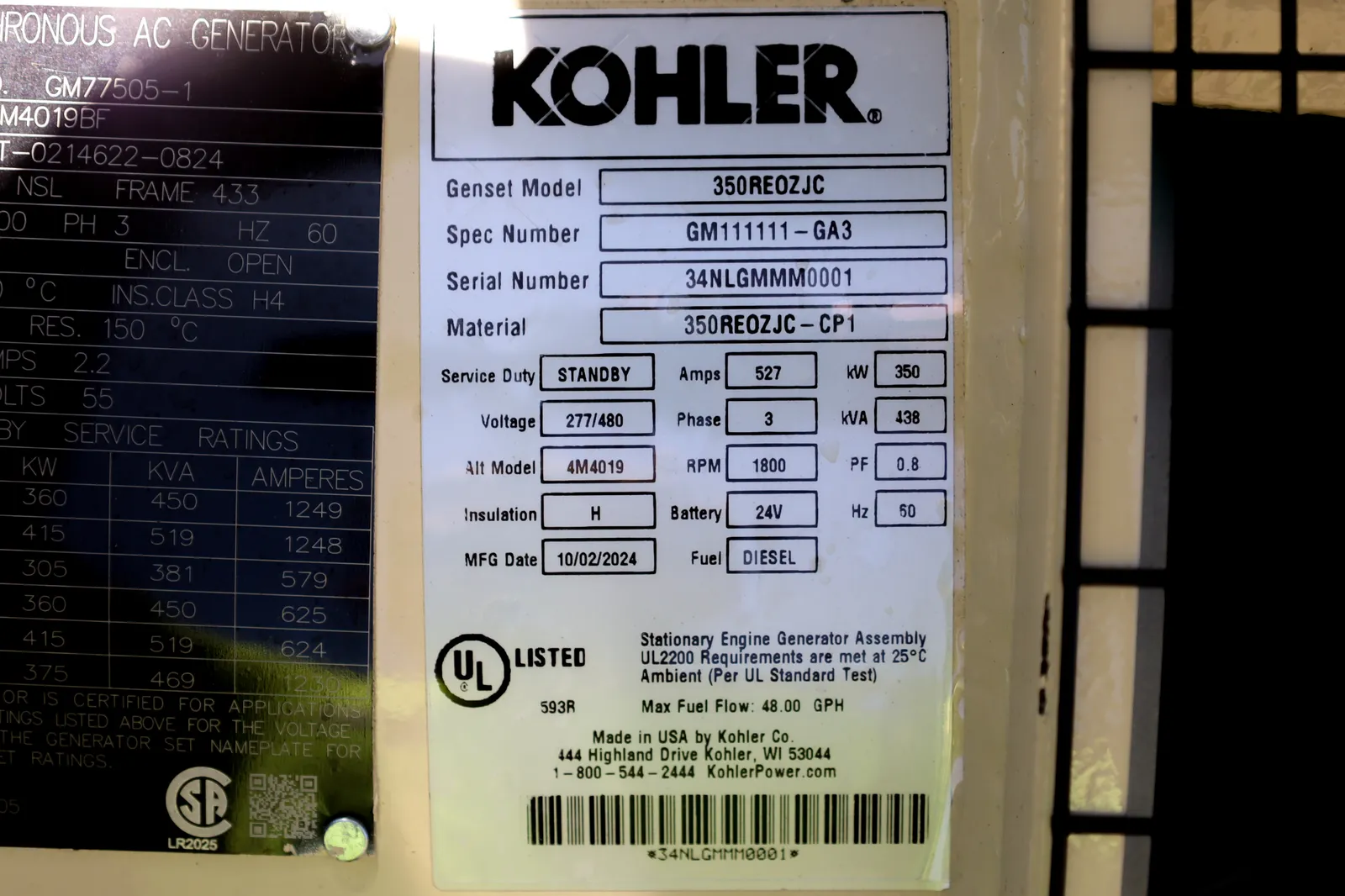 6 350kw kohler industrial generator unit 092467 data tag
