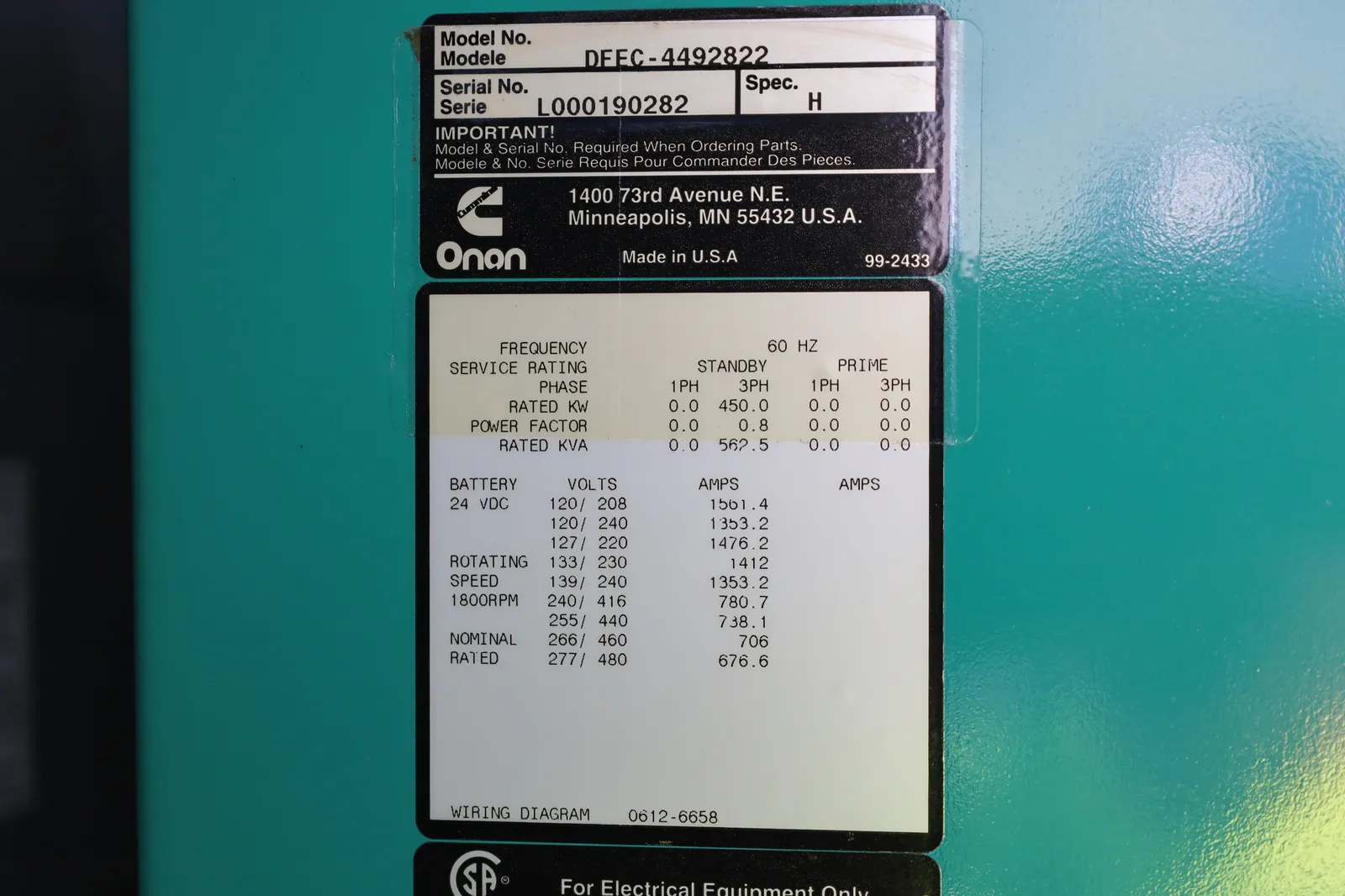 6 450kw cummins industrial generator unit 092418 data tag