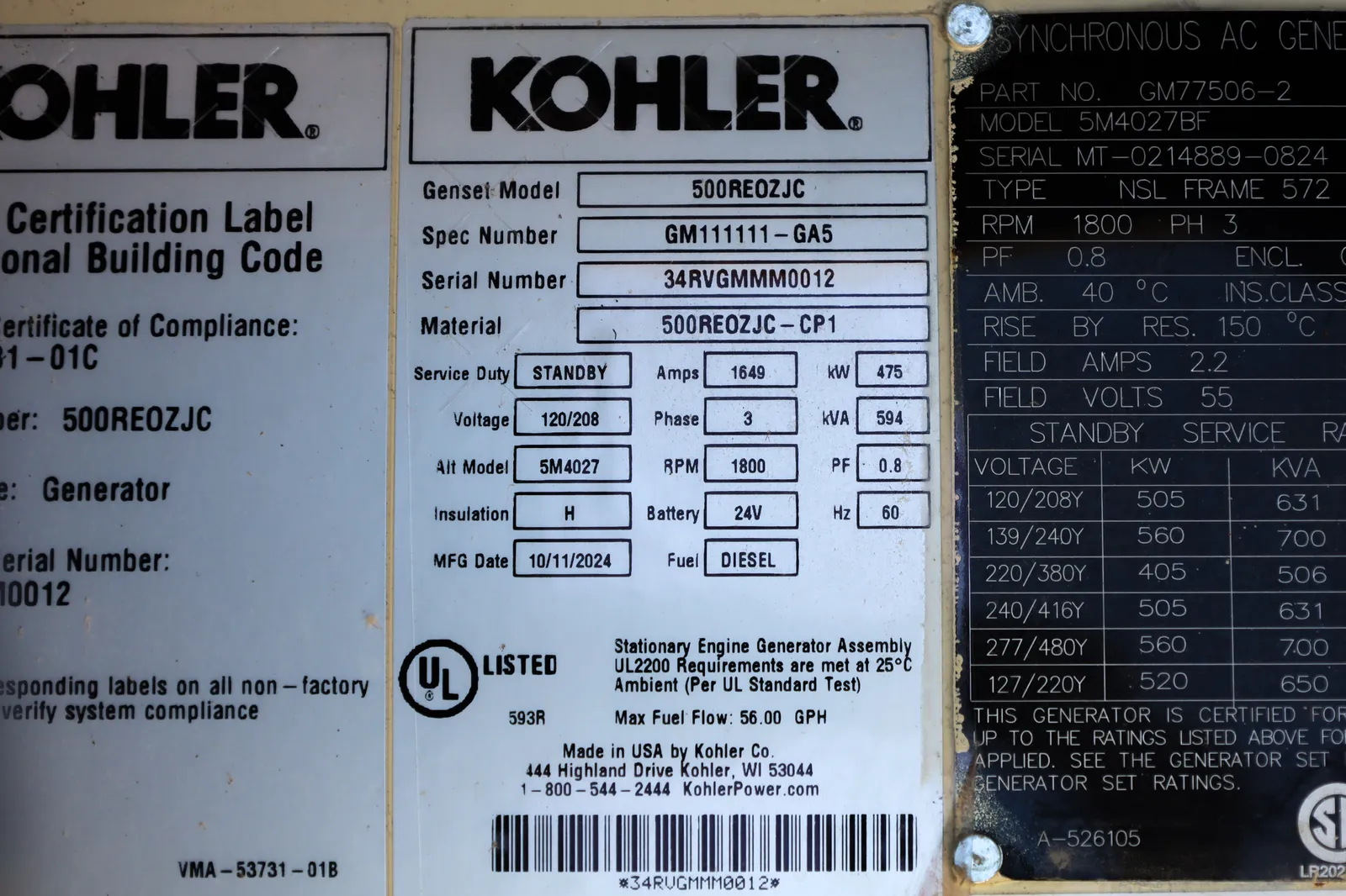 6 500kw kohler industrial generator unit 092466 data tag