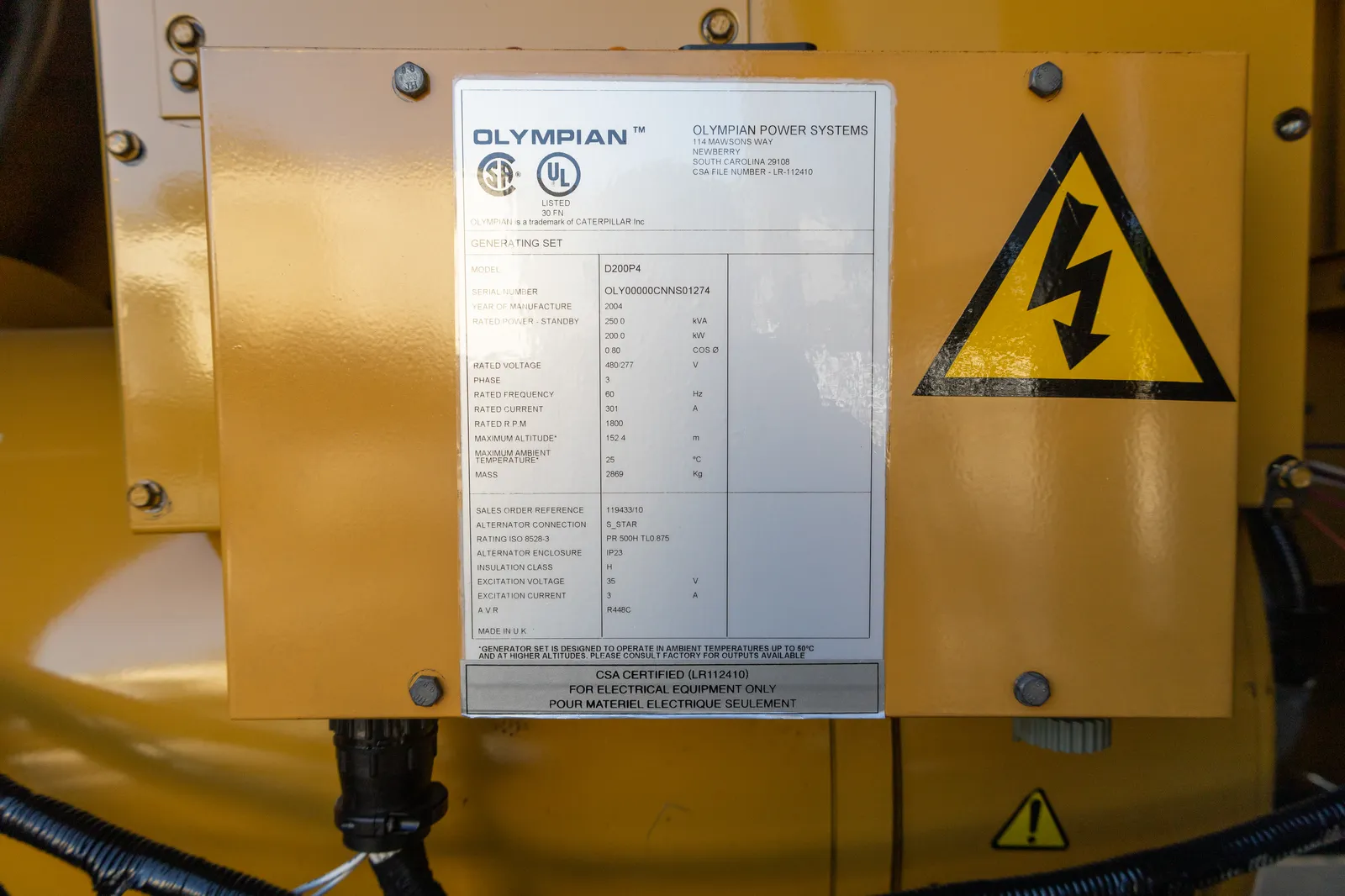 6 200kw olympian industrial generator unit 092623 data tag