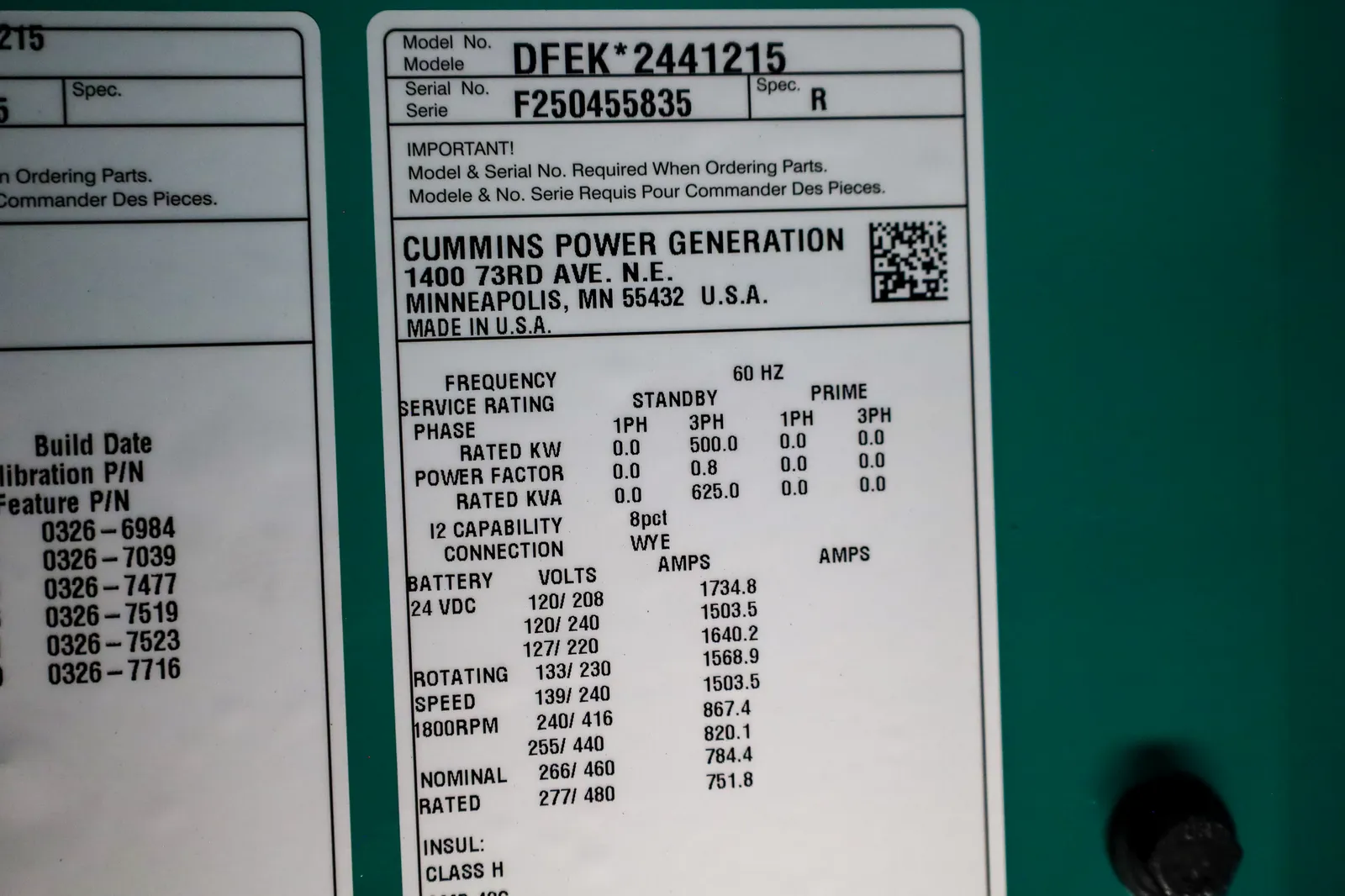 6 500kw cummins industrial generator unit 091490 data tag