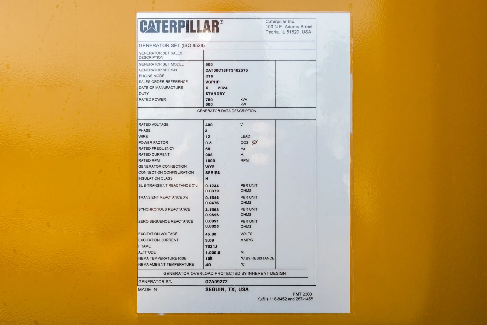 6 600kw caterpillar industrial generator unit 092642 data tag