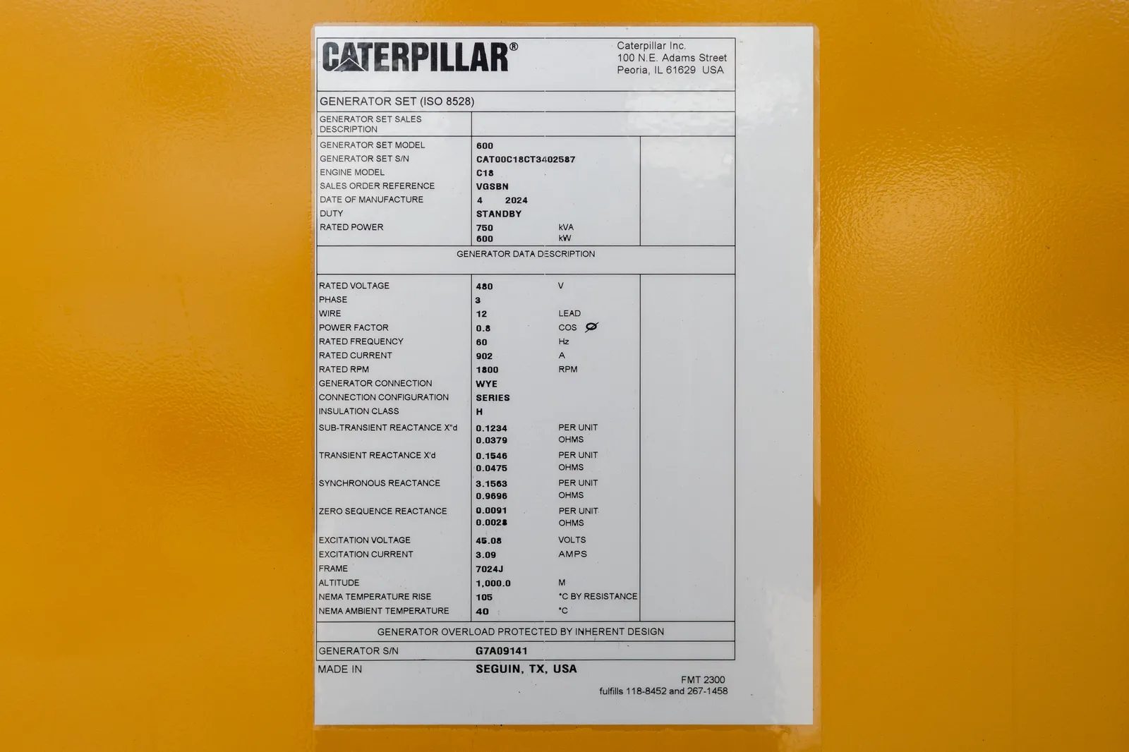 6 600kw caterpillar industrial generator unit 092643 data tag
