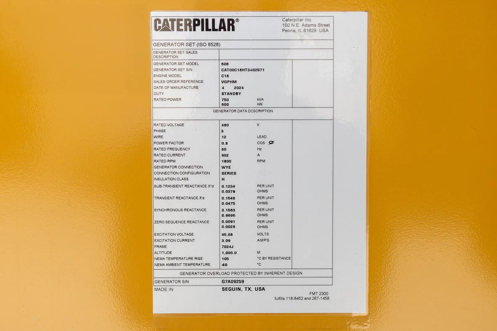 6 600kw caterpillar industrial generator unit 092644 data tag