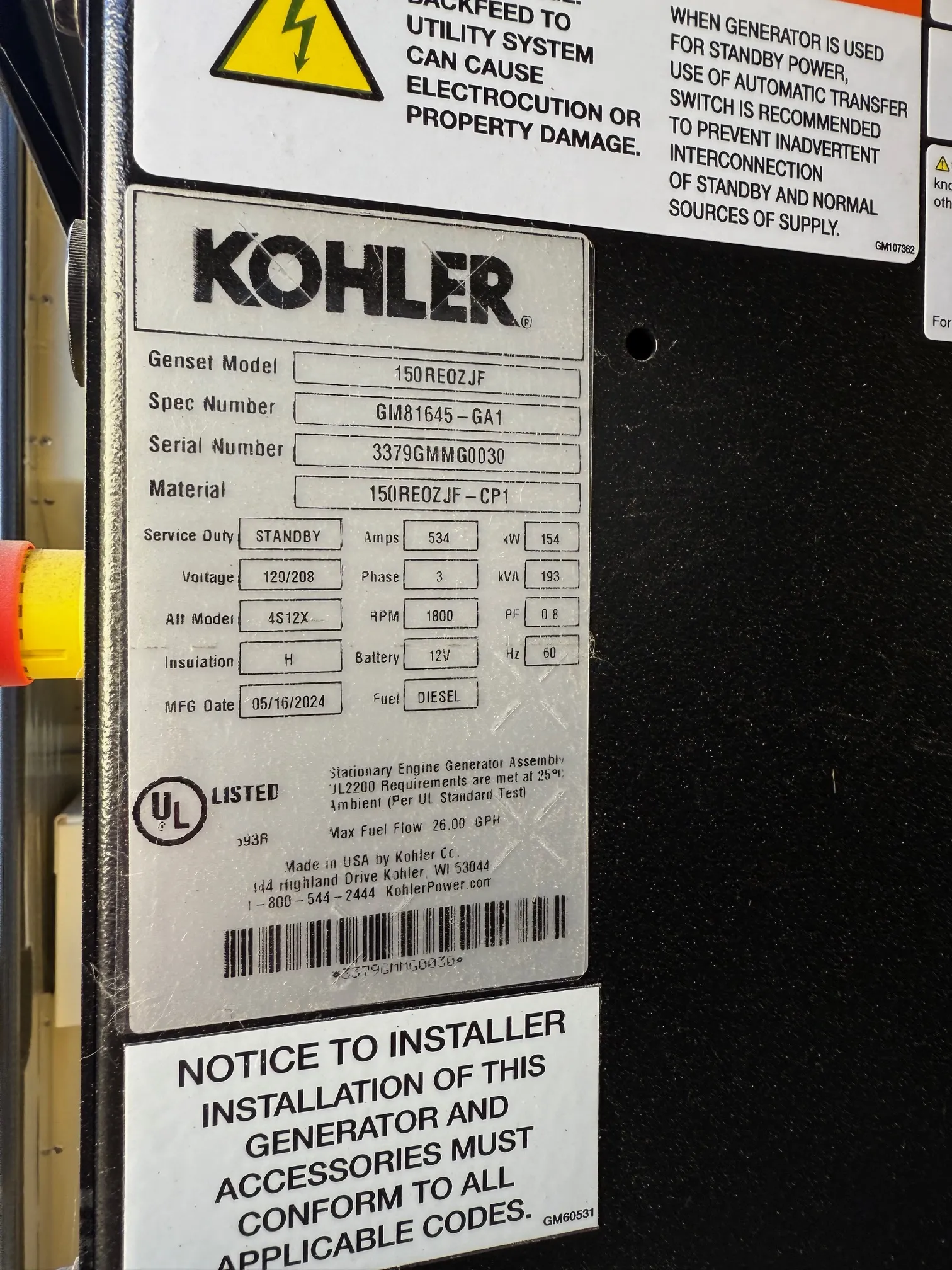 3 150kw kohler industrial generator unit 092700 engine