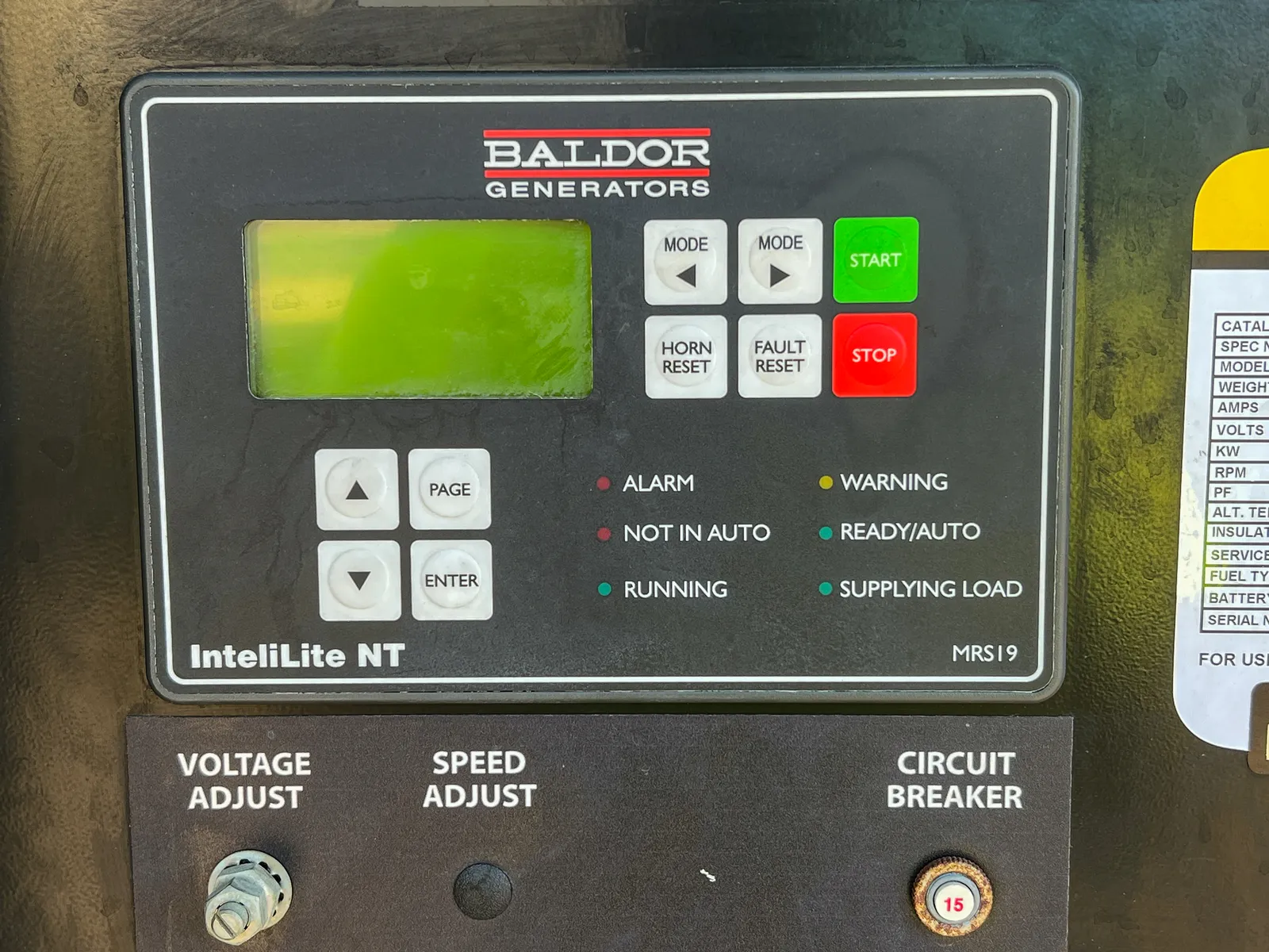 5 217kw baldor industrial generator unit 092468 control panel