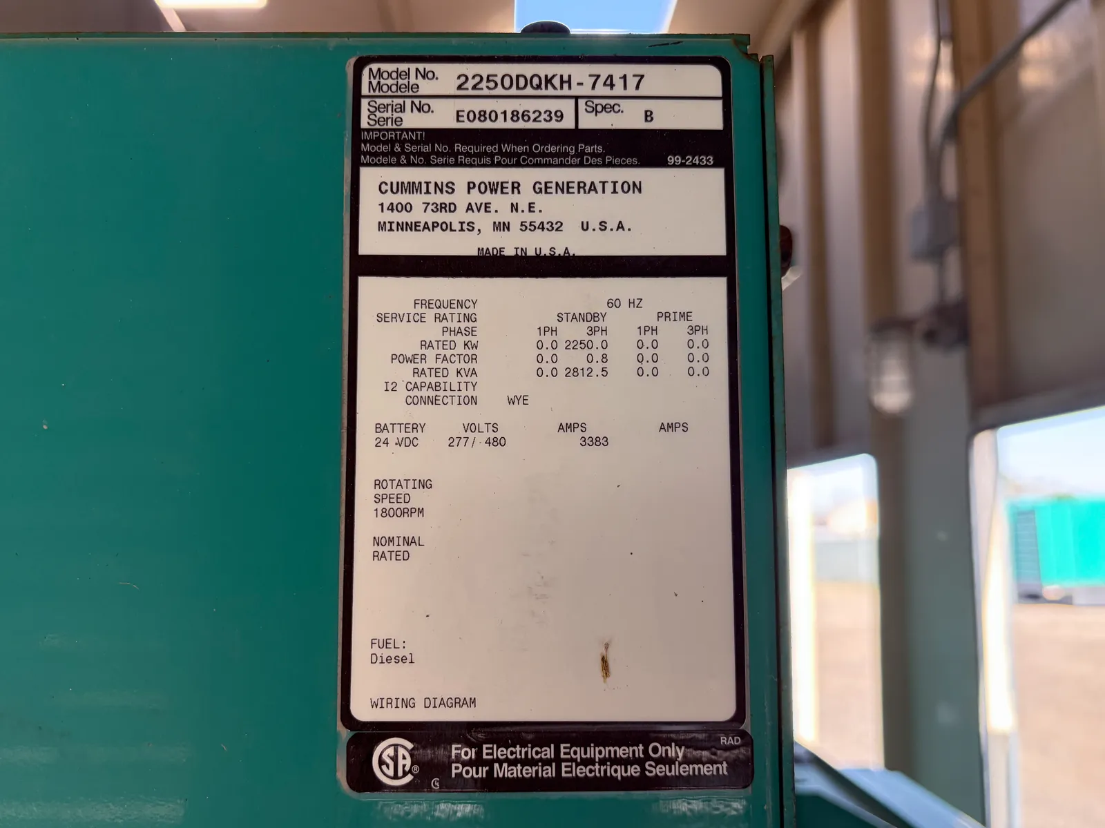 5 2250kw cummins industrial generator unit 092054 control panel