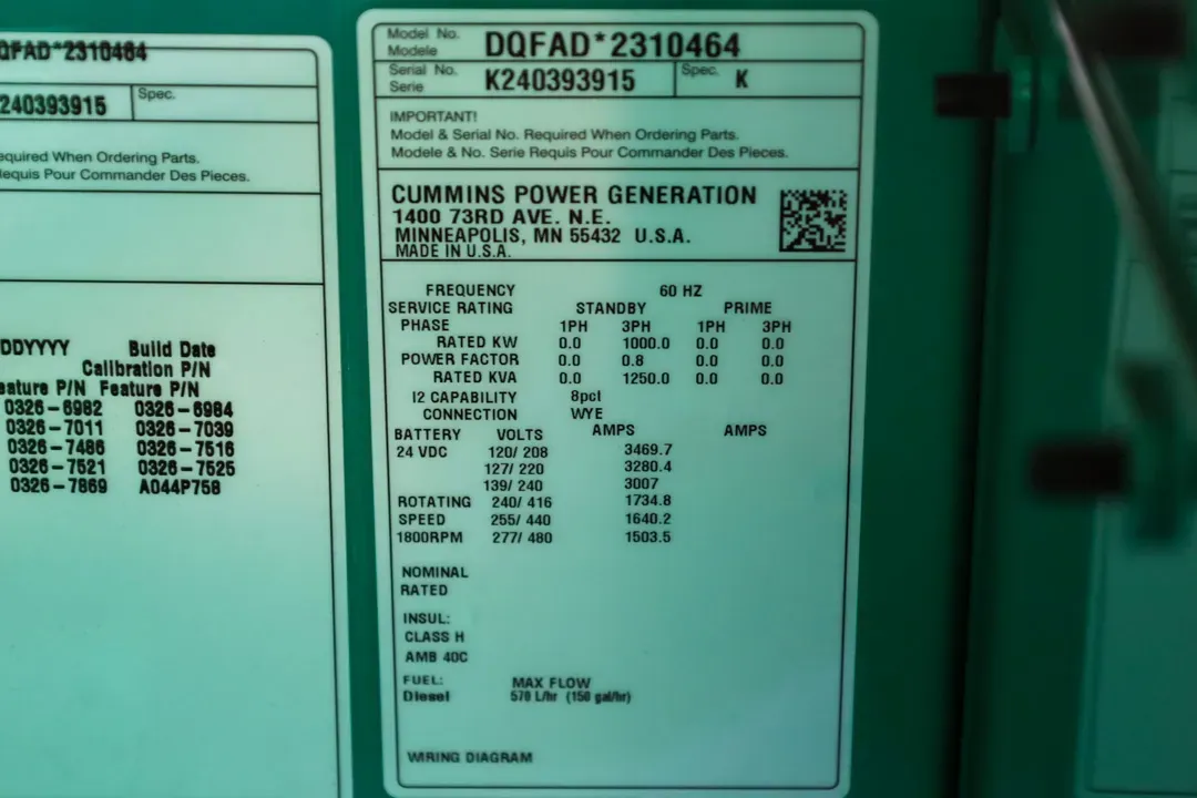 6 1000kw cummins industrial generator unit 089789 data tag