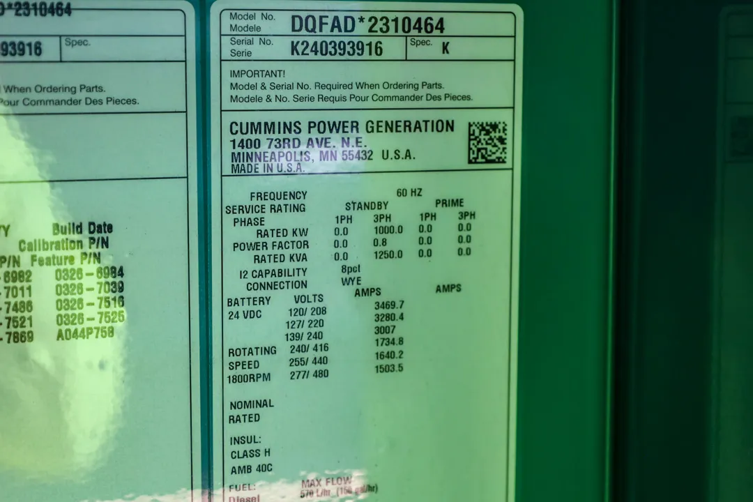 6 1000kw cummins industrial generator unit 090354 data tag