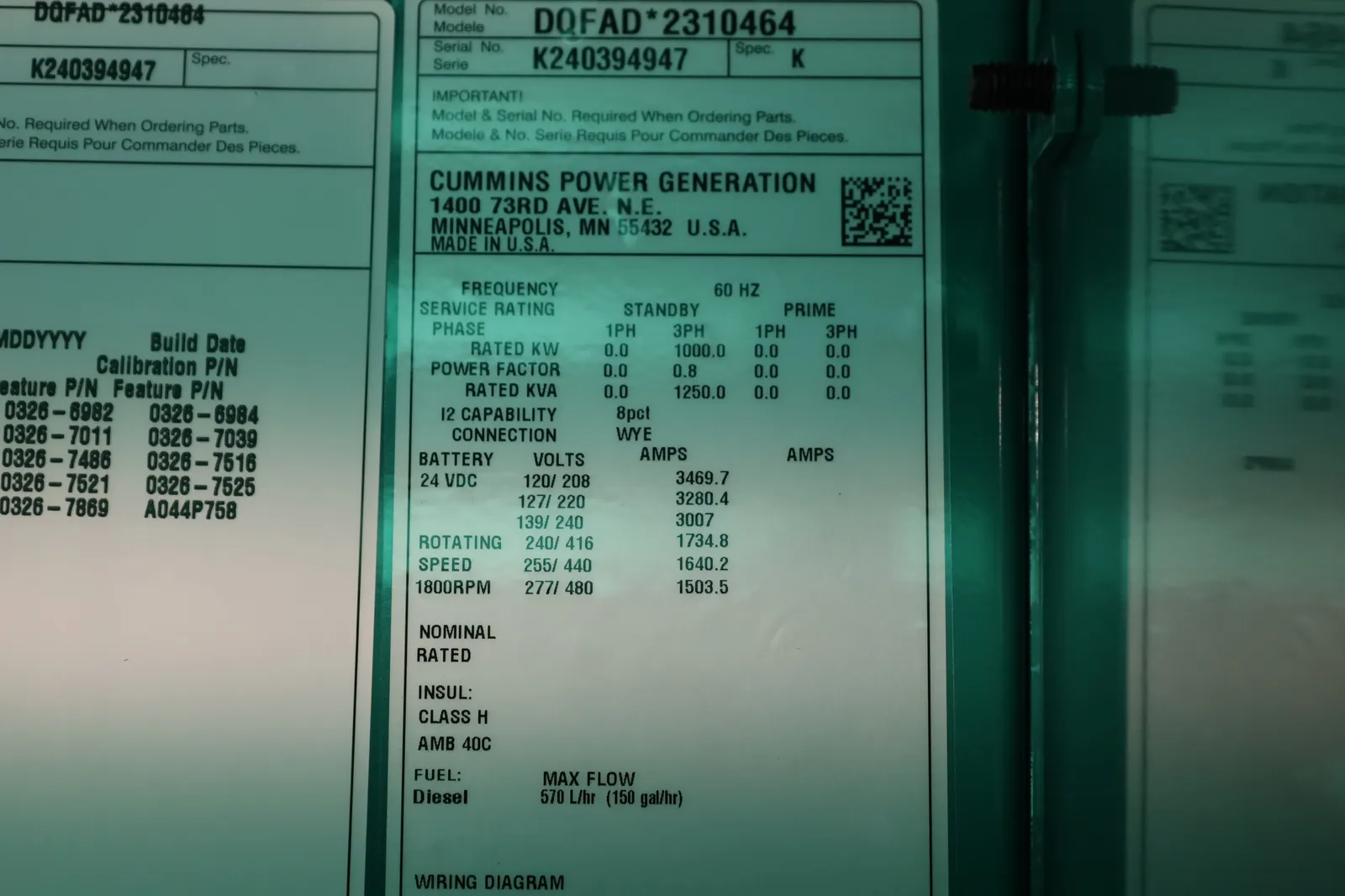 6 1000kw cummins industrial generator unit 090355 data tag