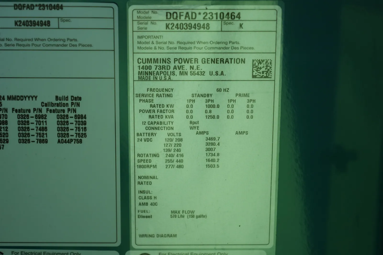 6 1000kw cummins industrial generator unit 090356 data tag