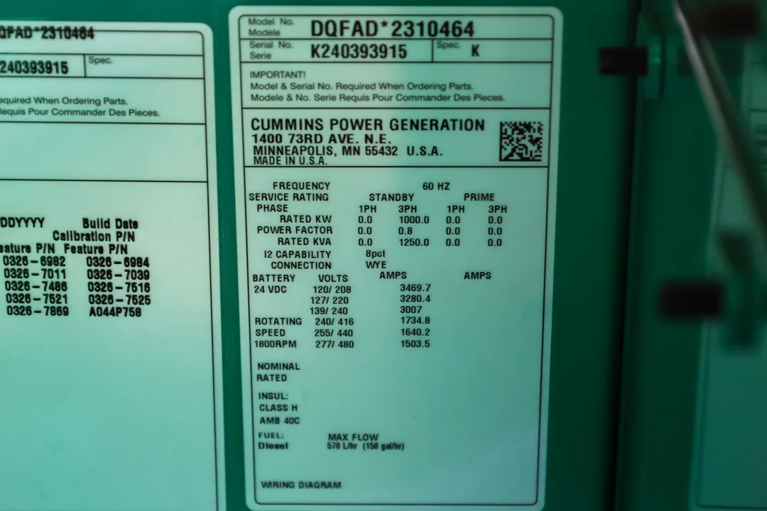 6 1000kw cummins industrial generator unit 090357 data tag