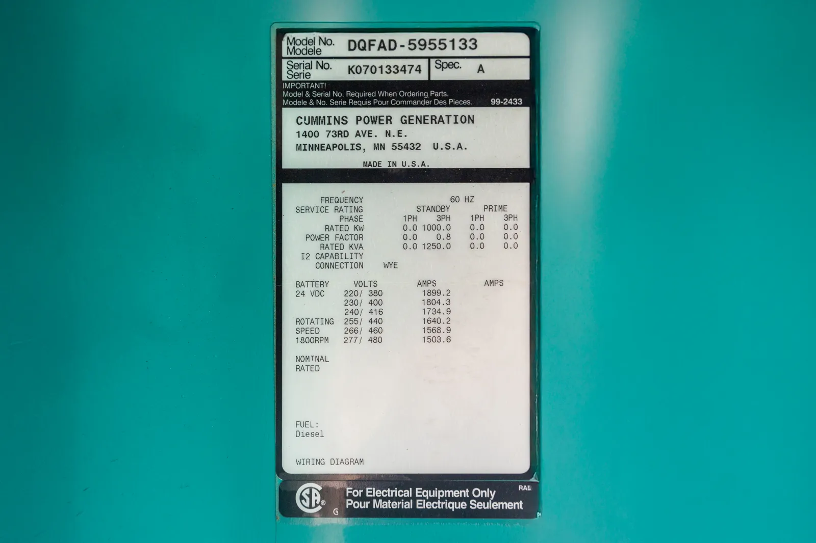 6 1000kw cummins industrial generator unit 091748 data tag
