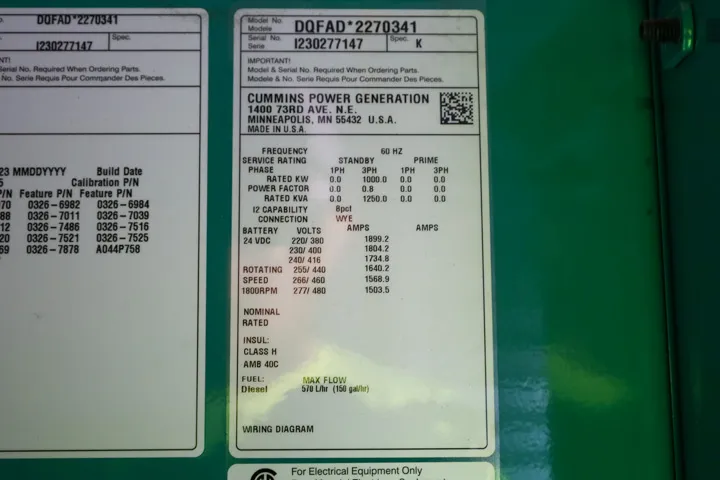 6 1000kw cummins industrial generator unit 091797 data tag