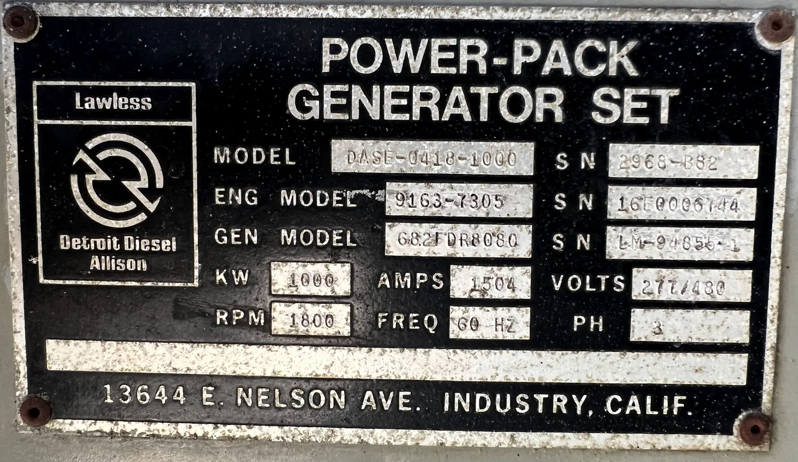6 1000kw detroit industrial generator unit 089265 data tag