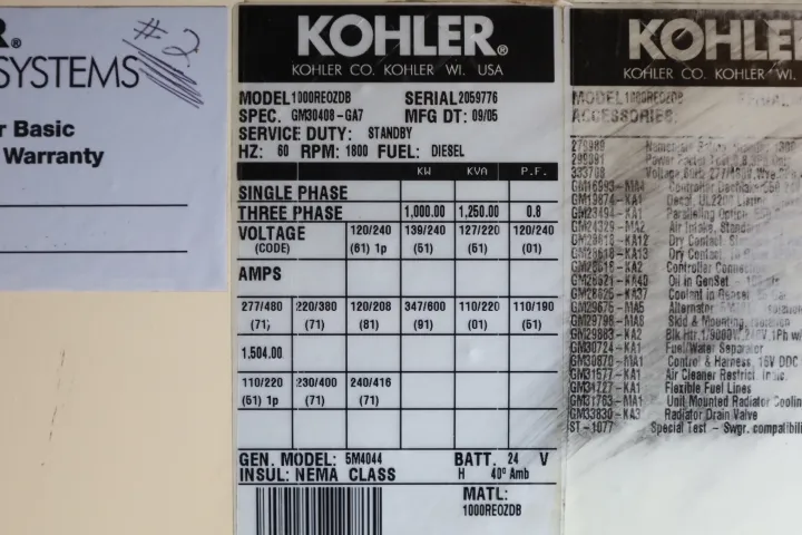 6 1000kw kohler industrial generator unit 090623 data tag
