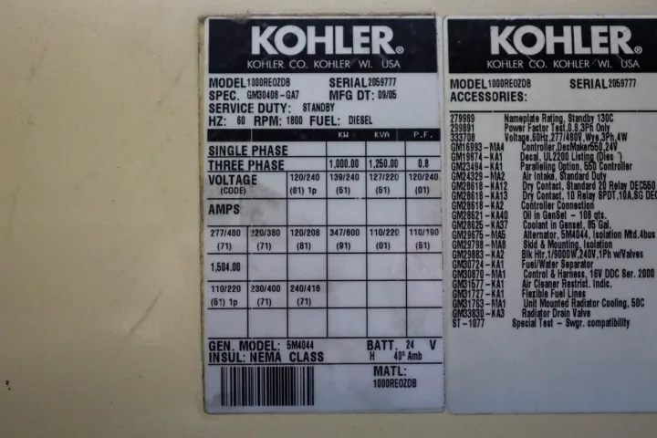6 1000kw kohler industrial generator unit 090624 data tag