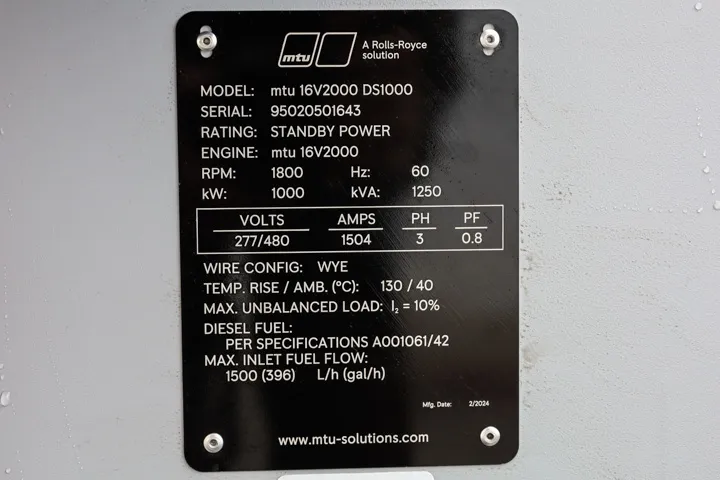 6 1000kw mtu industrial generator unit 089962 data tag