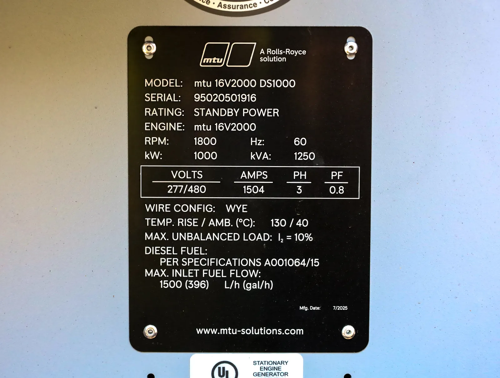 6 1000kw mtu industrial generator unit 090853 data tag
