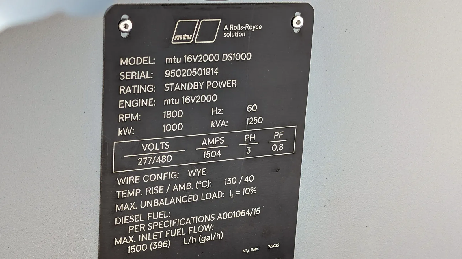6 1000kw mtu industrial generator unit 090855 data tag