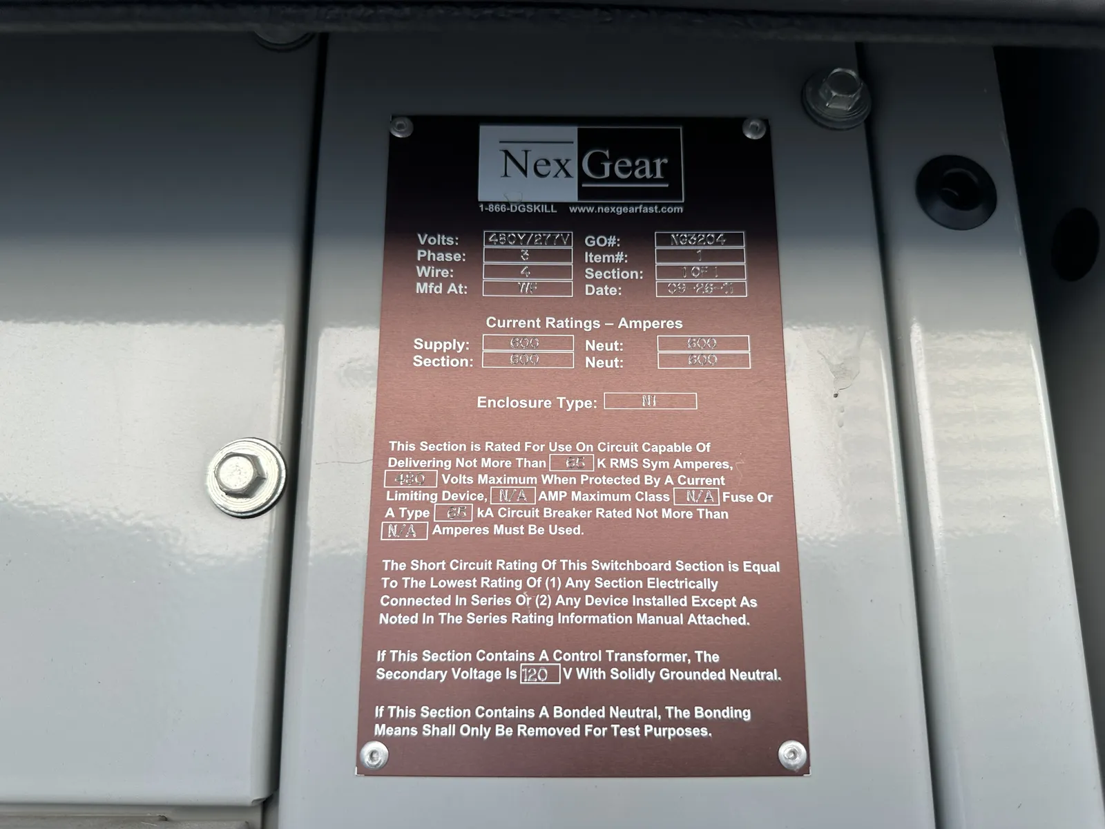 6 1000kw stamford industrial generator unit 089885 data tag