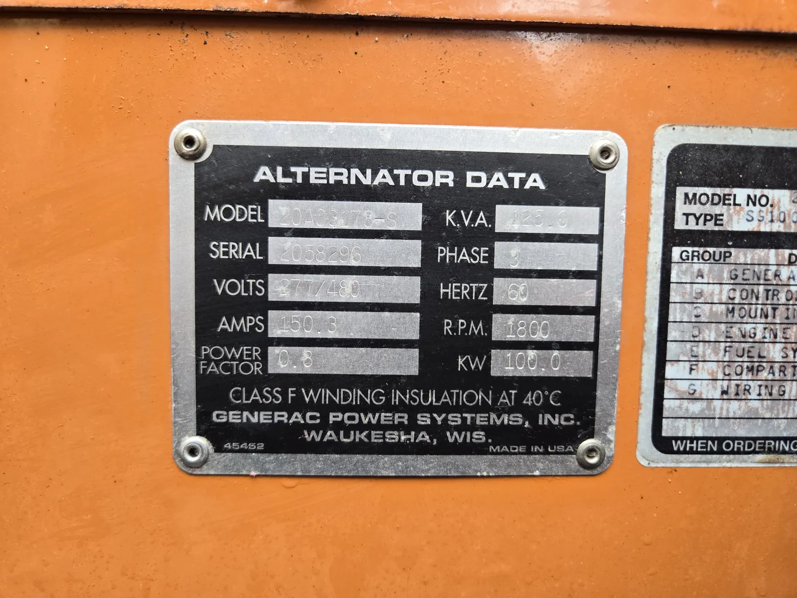 6 100kw generac industrial generator unit 092271 data tag