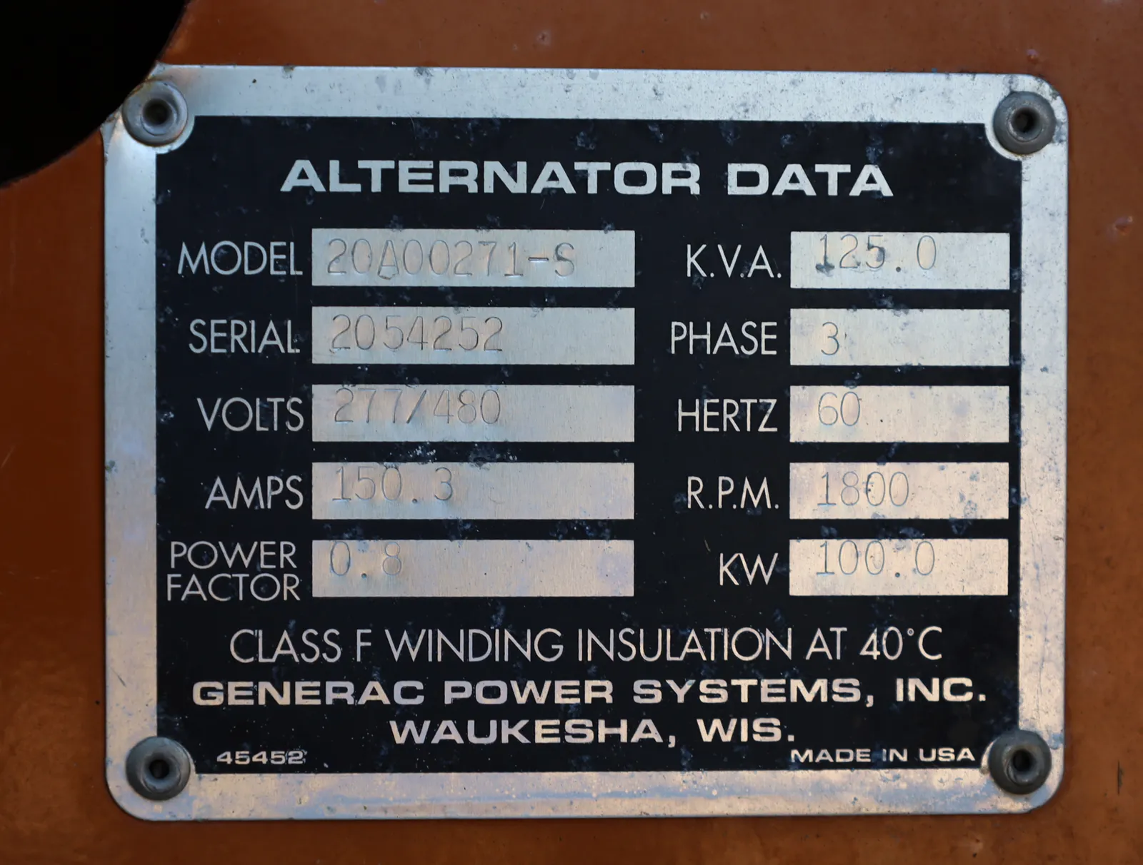 6 100kw generac industrial generator unit 092318 data tag