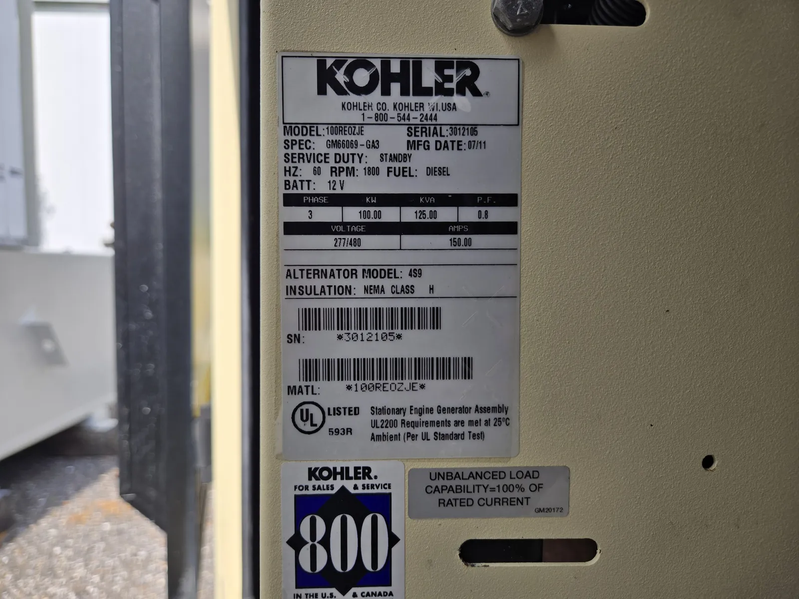 6 100kw kohler industrial generator unit 092269 data tag
