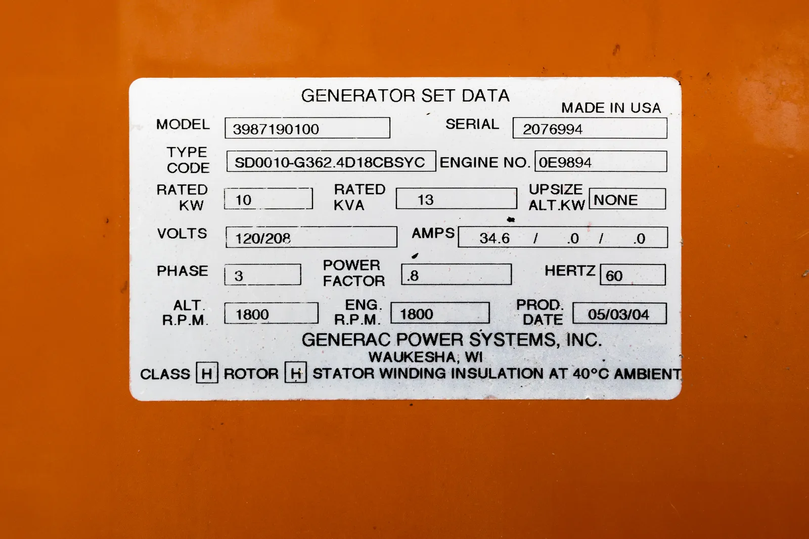 6 10kw generac industrial generator unit 091429 data tag