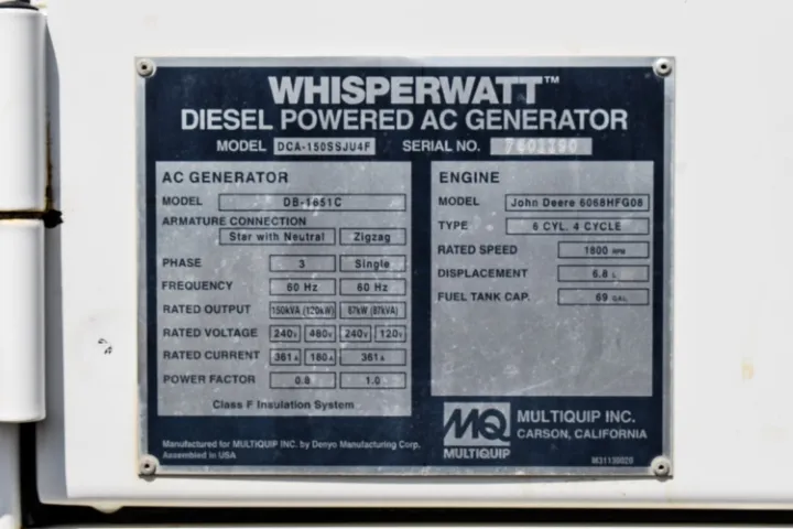 6 120kw mq industrial generator unit 090007 data tag