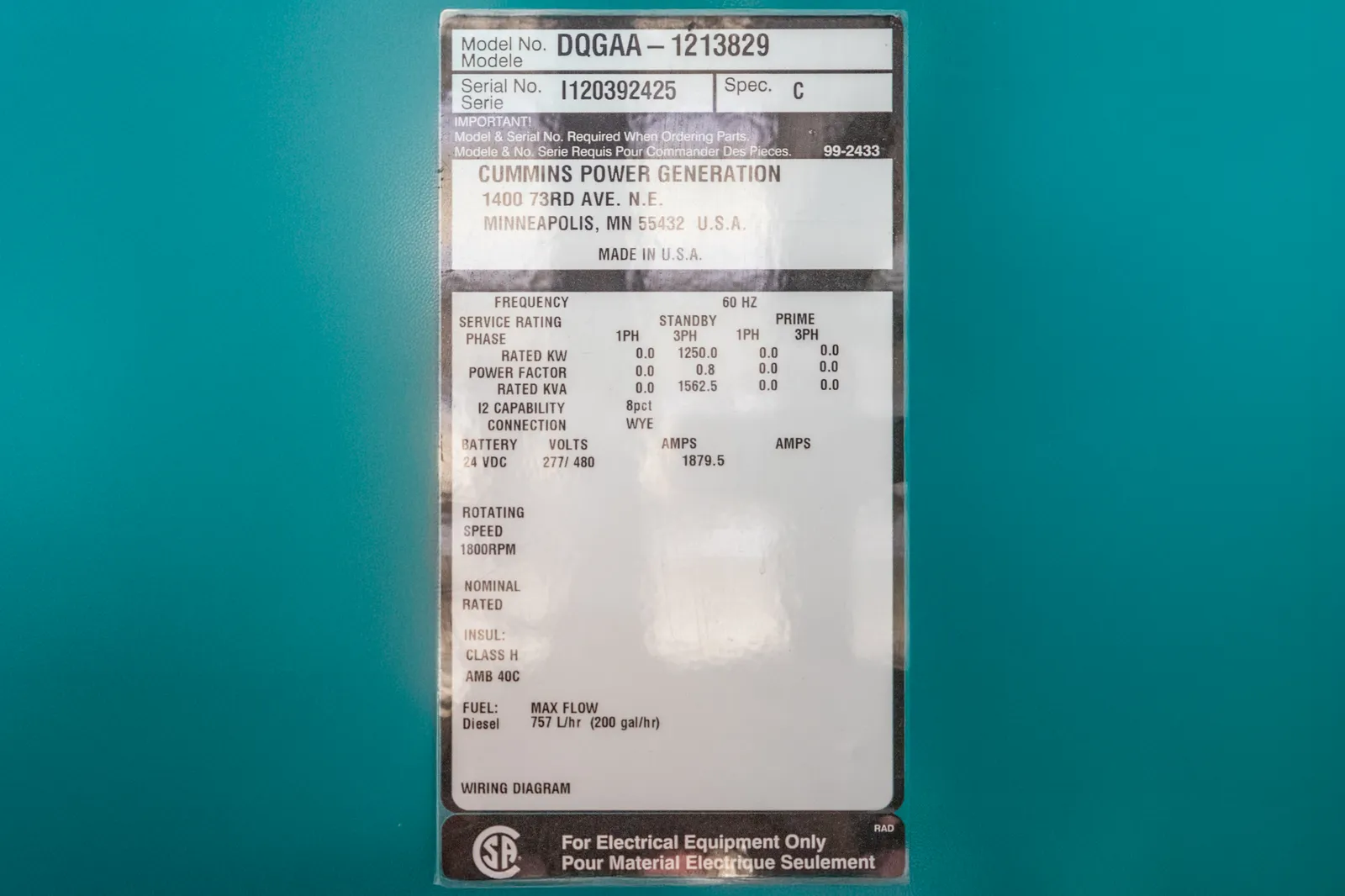 6 1250kw cummins industrial generator unit 092016 data tag