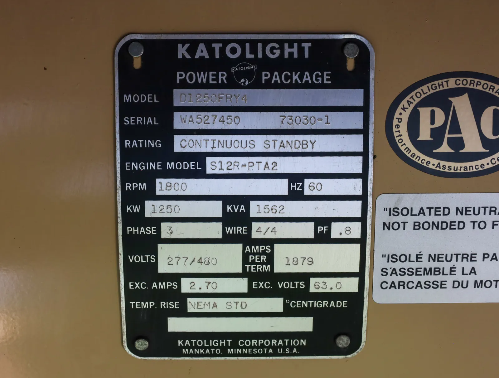 6 1250kw katolight industrial generator unit 089555 data tag