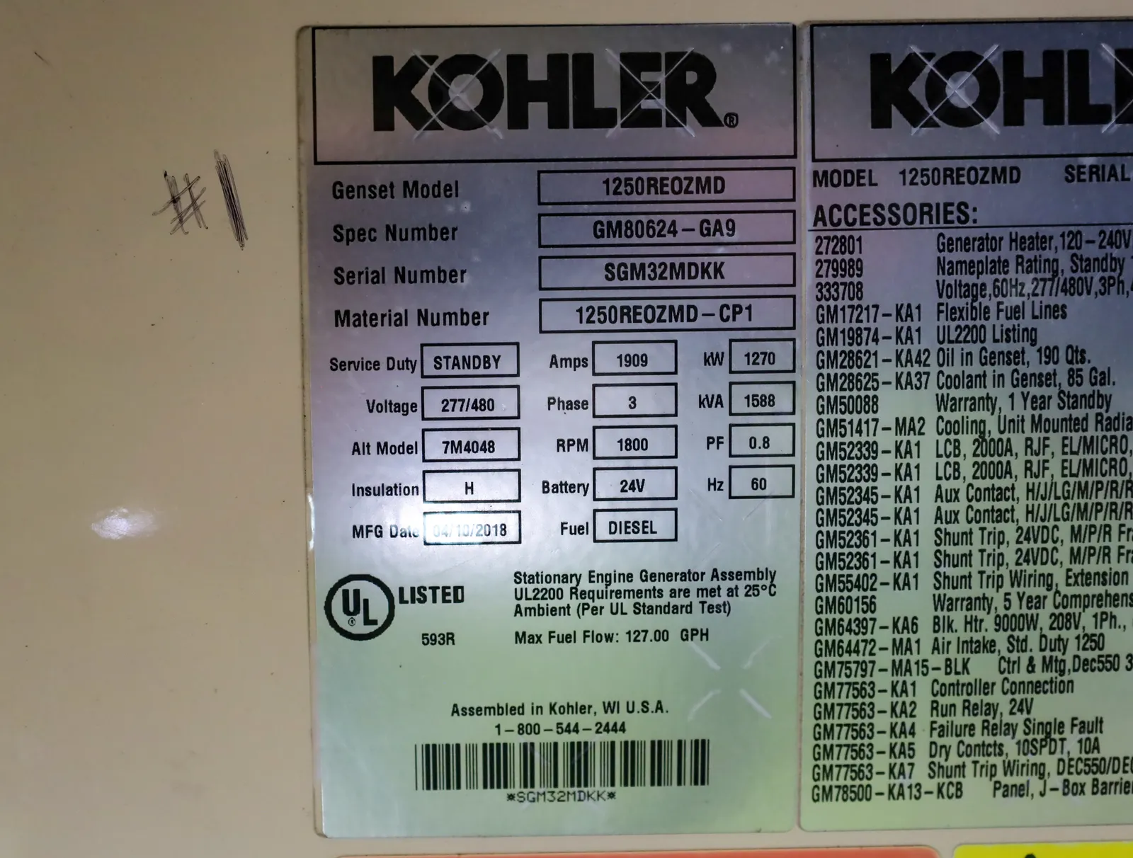 6 1250kw kohler industrial generator unit 092709 data tag