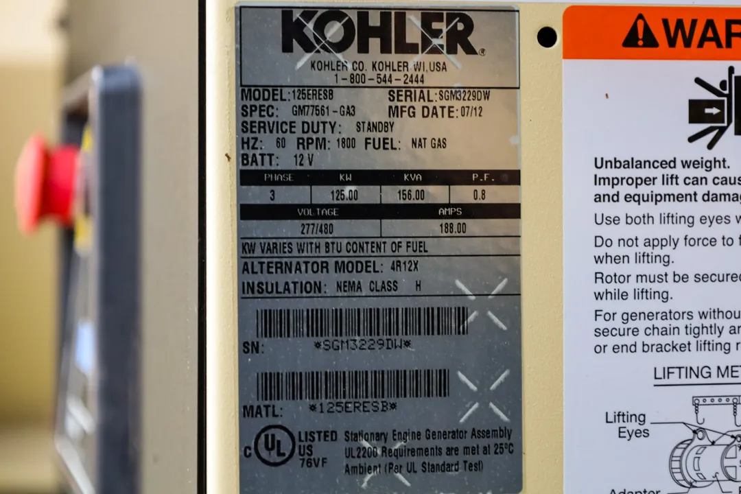 6 125kw kohler industrial generator unit 092031 data tag