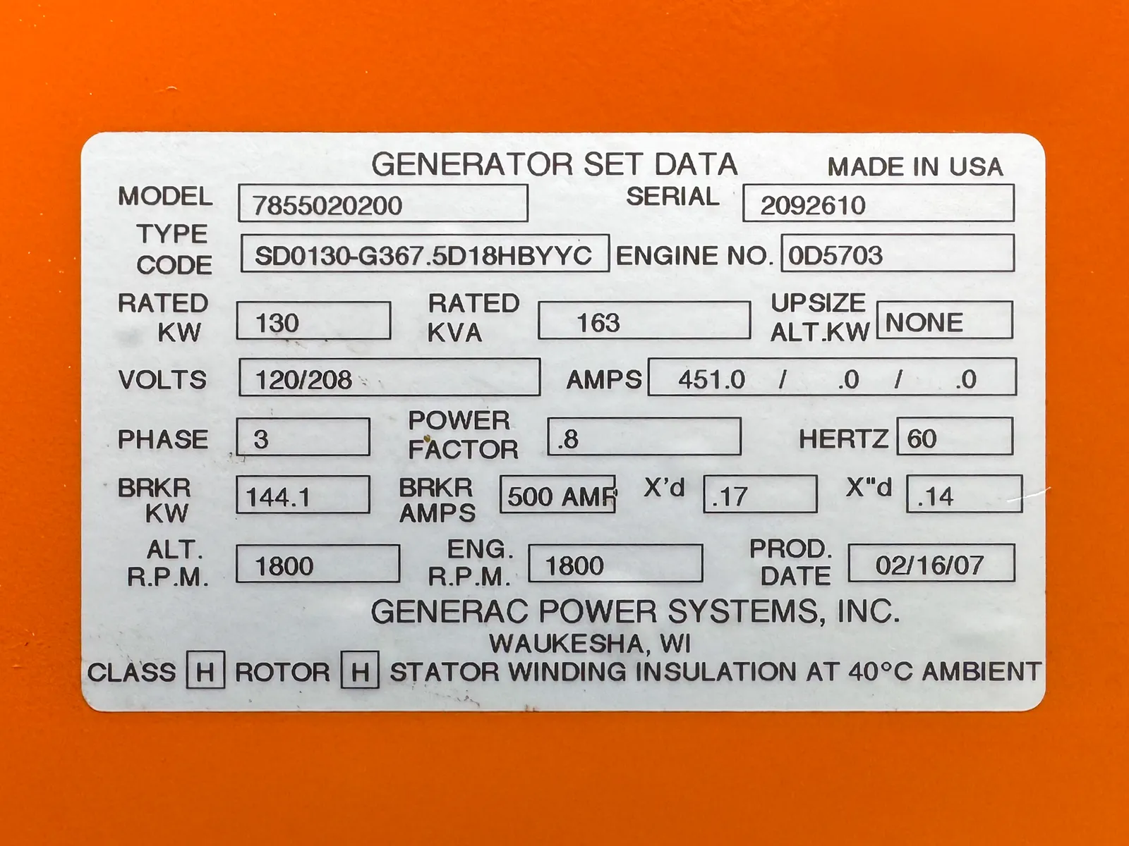 6 130kw generac industrial generator unit 092481 data tag