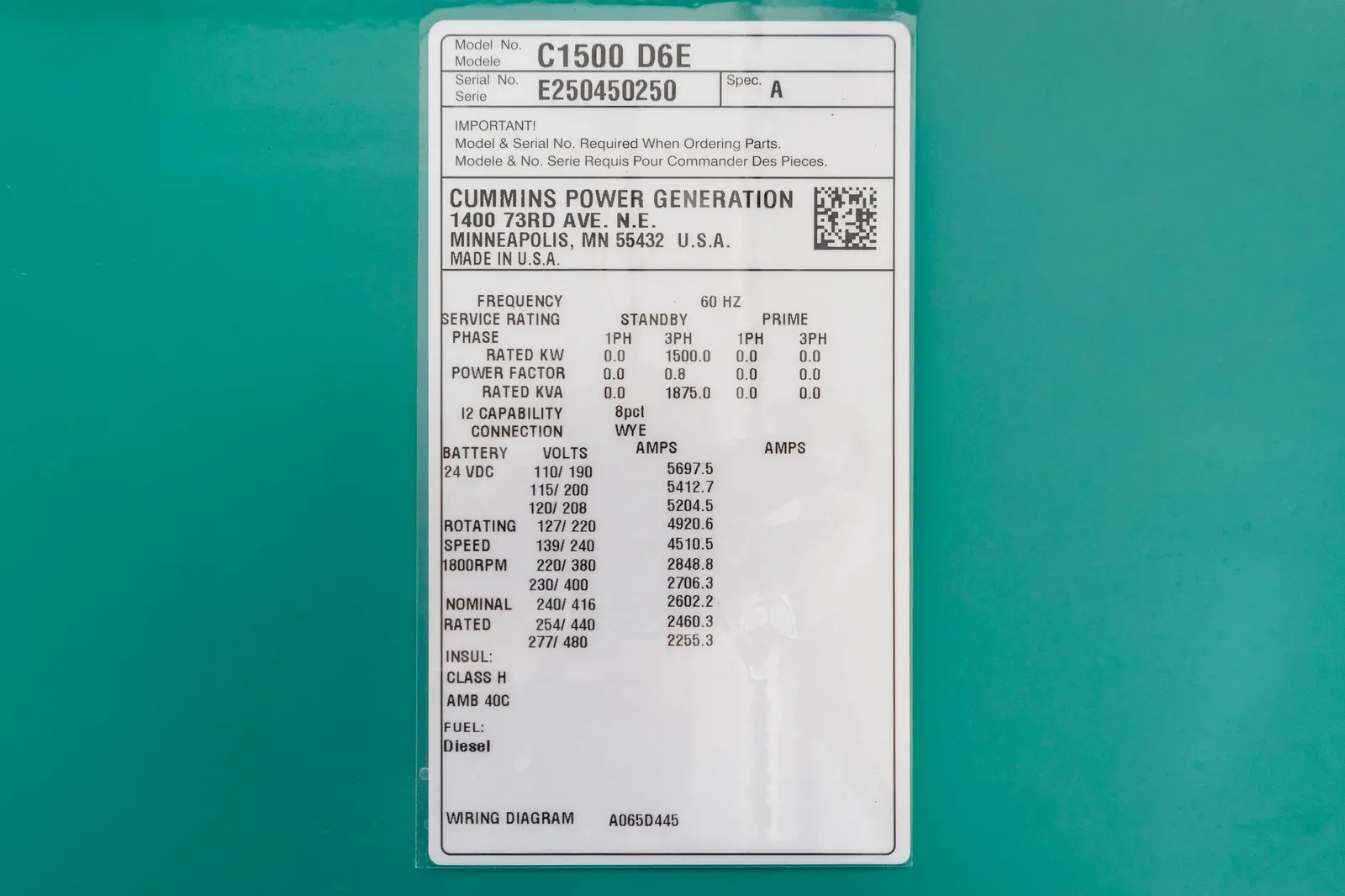 6 1500kw cummins industrial generator unit 090884 data tag