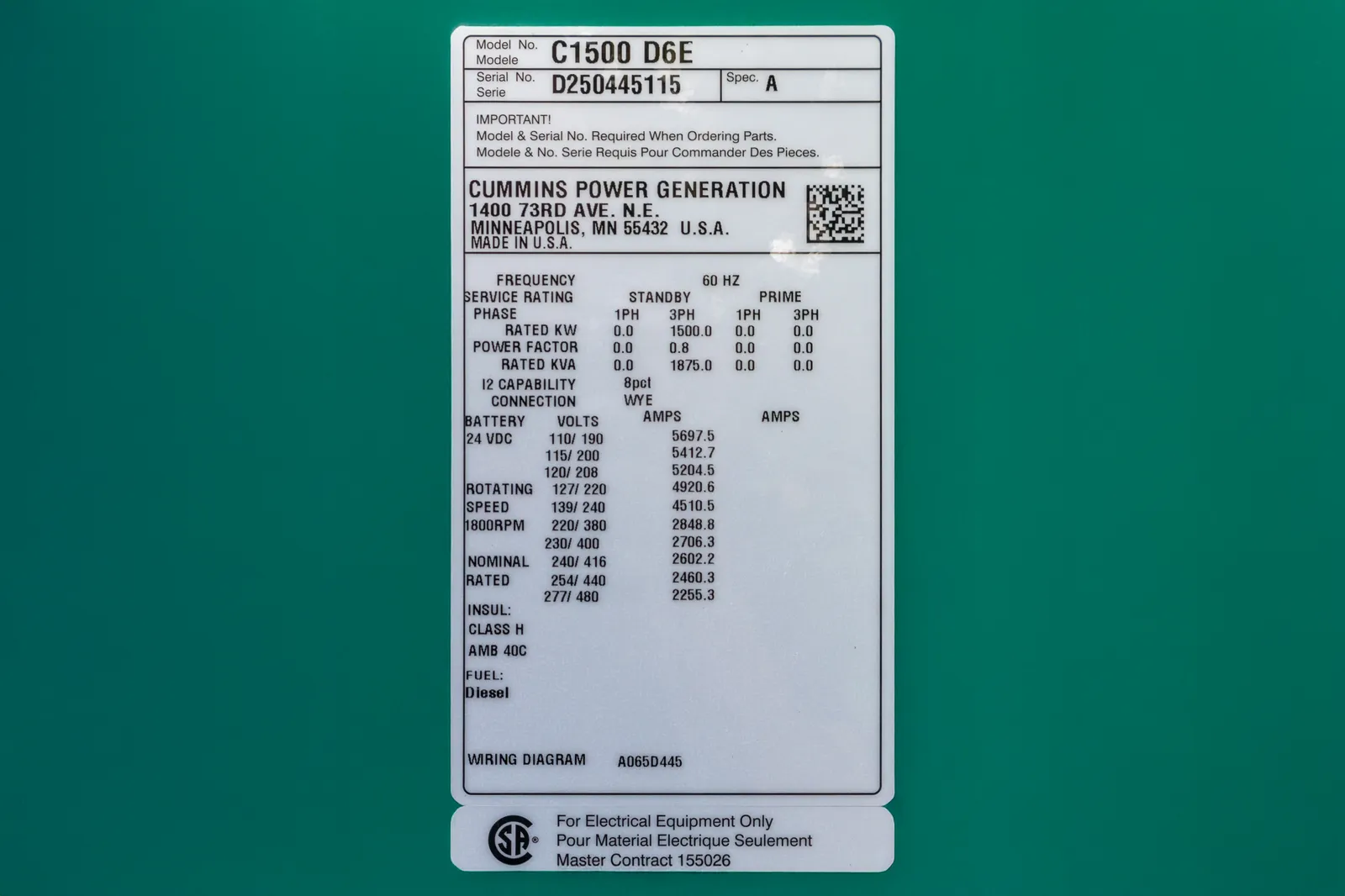 6 1500kw cummins industrial generator unit 090885 data tag