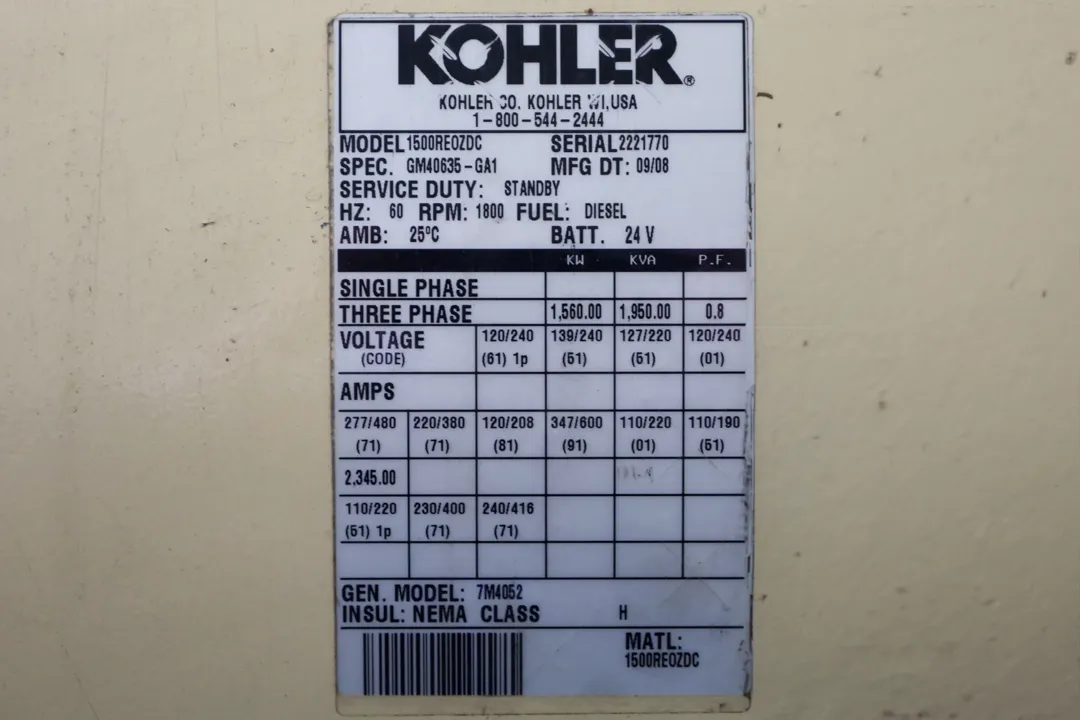 6 1500kw kohler industrial generator unit 090621 data tag