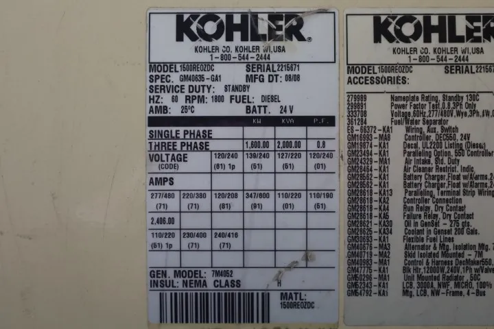 6 1500kw kohler industrial generator unit 090622 data tag