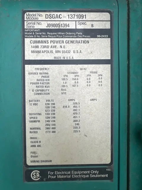 6 150kw cummins industrial generator unit 091979 data tag