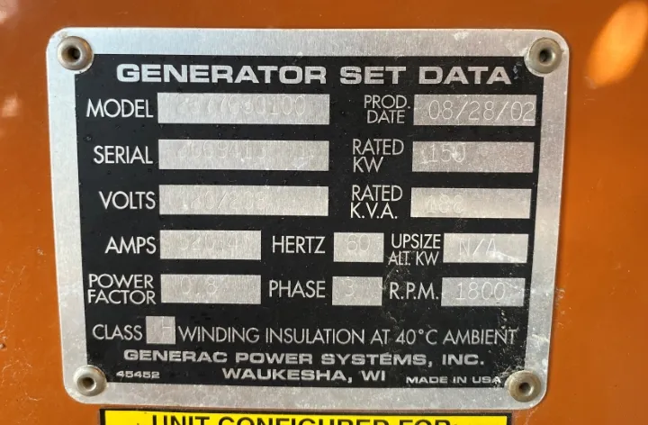 6 150kw generac industrial generator unit 089626 data tag