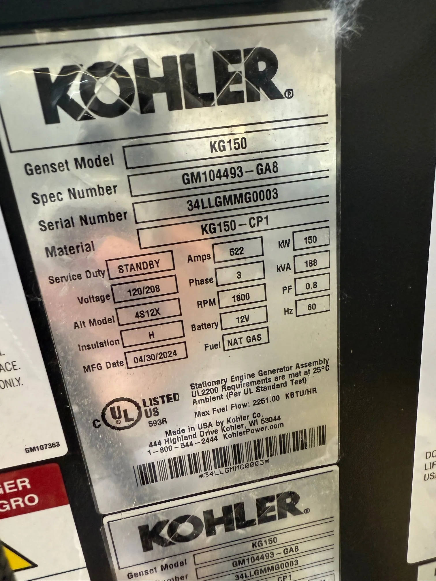 6 150kw kohler industrial generator unit 092699 engine